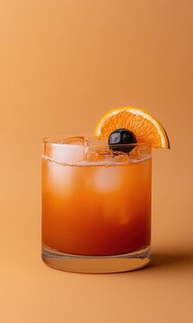 Fruity rum punch cocktail served over ice on a warm orange backdrop