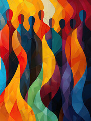 A vibrant abstract digital artwork of human DEI figures in colorful flowing patterns symbolizing diversity, inclusion, social harmony, and the interconnected nature of humanity
