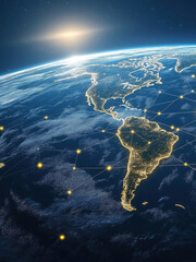 A glowing world map at night with illuminated connections representing AI global networking, communication, international relations, and digital connectivity in a modern world
