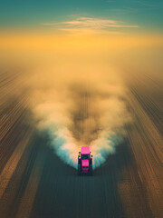 A tractor moving across a vast field with dust clouds in the golden light of dawn, representing agriculture, farming, and the hard work of cultivating land