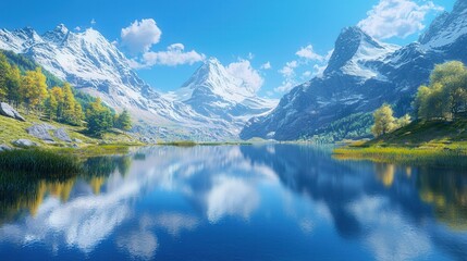 Fototapeta premium Majestic mountain lake reflecting the beauty of snow-capped peaks in a tranquil landscape