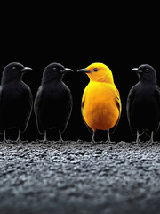 A single unique yellow bird stands among a group of black birds, representing individuality, courage, and standing out with uniqueness in a world that encourages conformity