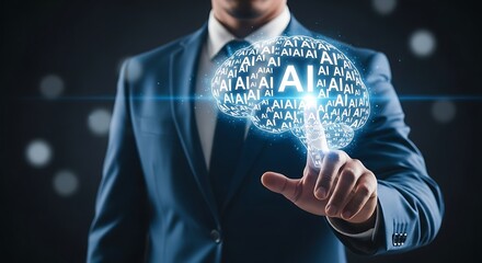 A businessman in a suit touching a glowing ai brain with his finger on a dark background
