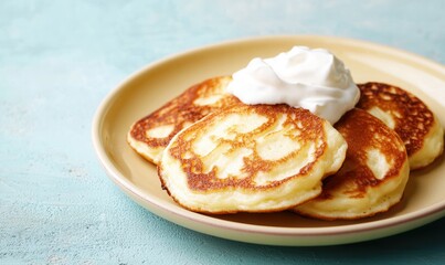 Fluffy cheese pancakes served with creamy topping on a light yellow plate
