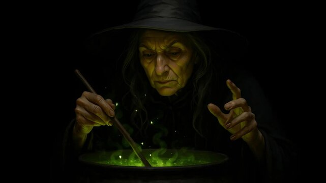 Elderly witch wearing pointed hat mysteriously stirring glowing green potion in cauldron, casting supernatural spell within shadowy, dimly lit interior during eerie nighttime ritual