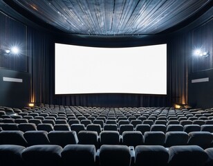 Fototapeta premium blank white movie screen in dimly lit cinema with plush rows of seats perfect for film advertising theater branding or cinematic ui mockups