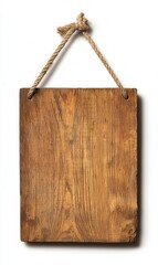 Fototapeta premium Rustic wooden sign hanging on rope against blank background