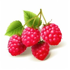 Vivid cartoon representation of wild raspberries on a branch with vibrant green leaves