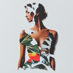 An artistic portrait of a model with floral details seamlessly integrated into the composition. A design element, a clipping for a fashion magazine or a fashion blog