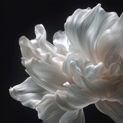 Hyper-realistic close-up reveals the intricate beauty of a delicate flower with soft, flowing petals against a dark background