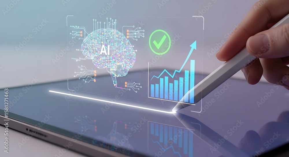 Aufkleber artificial intelligence brain on tablet with growth chart and stylus in hand for analysis