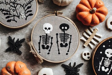 A festive Halloween still life featuring embroidered skeleton hoops, pumpkins, and spooky decorations, capturing the essence of the autumn season.