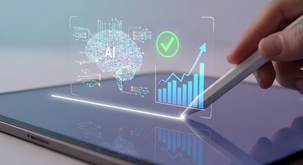 Artificial intelligence brain on tablet with growth chart and stylus in hand for analysis
