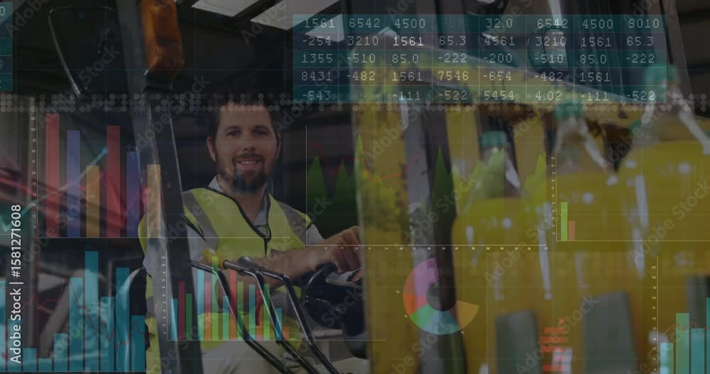 Poster forklift operator in warehouse aligning forks, moving pallet for tracking as data overlays updating