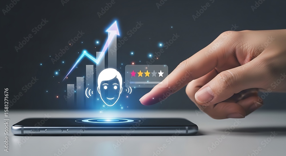 Aufkleber a finger touching a smartphone with a customer service icon and a rising graph on the screen