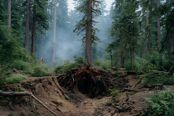 Uprooted Tree in Misty Evergreen Forest Dark Brown Roots Exposed in Sandy Soil Lush Green Undergrowth Foggy Atmosphere