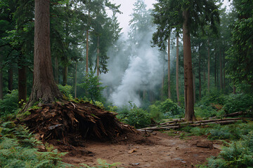 Uprooted Tree Roots Exposed in Misty Green Forest with Smoke and Fallen Logs Brown Earth Path exposed roots