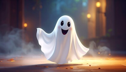 Cute cartoon ghost in a dimly lit room