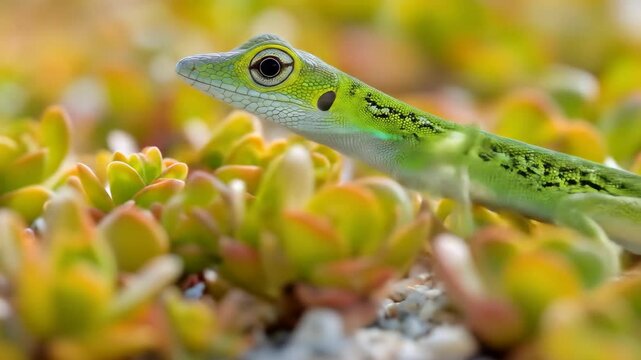 Small green gecko resting among colorful succulent plants outdoors