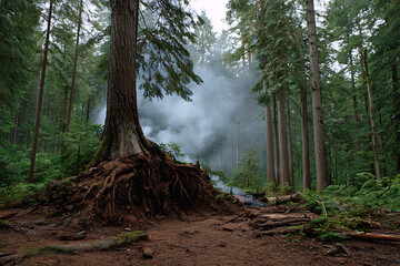 Uprooted Tree with Exposed Roots in a Misty Evergreen Forest Brown Earth and Smoke coniferous forest
