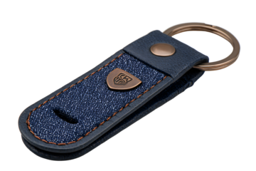 Car key chain, made of denim fabric and leather material on a transparent background