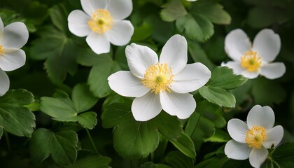 Fototapeta premium close up photo of delicate white flowers with yellow centers surrounded by green leaves