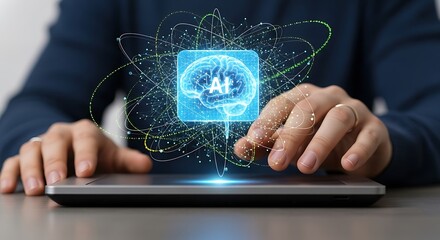 Person using tablet with ai brain interface and neural network connection overlaying the device screen