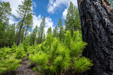 Vibrant Green Coniferous Saplings Thriving in a Forest of Tall Evergreen Trees Near a Charred Tree Trunk Under a Partly Cloudy Blue Sky