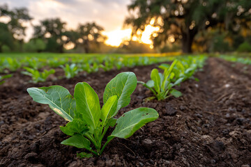 Vibrant Green Seedlings Growing in Rich Dark Soil at Sunset Warm Golden Light Illuminates Lush Young Plants in a Cultivated Field