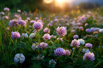 Vibrant Pink and White Clover Blossoms in a Lush Green Field at Sunset Warm Golden Light Illuminates Delicate Petals Summer Meadow Wildflowers
