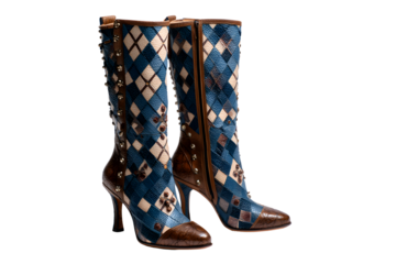 High-heeled boots with a diamond pattern isolated on a transparent background