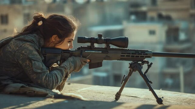 A young Middle Eastern woman with long dark hair aims a sniper rifle from a rooftop. She wears military camouflage and focuses intently on her target.