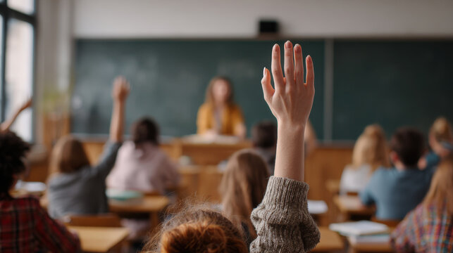 First-person view of hand raised in classroom with students and blackboard