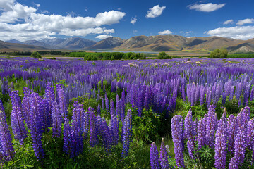 Vibrant Purple Lupine Flowers Blooming in a Vast Field Against a Majestic Mountain Range under a Sunny Sky