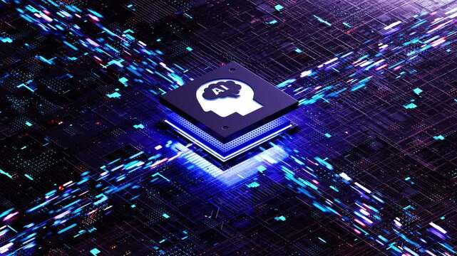 AI chip on a circuit board. Symbolizes technological advancement and artificial intelligence integration. 3d rendering, conceptual image.