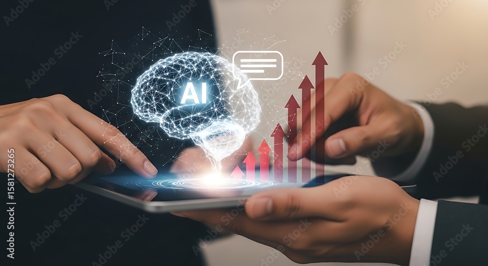 Poster hands holding tablet displaying ai brain with upward trending arrows and speech bubble icon