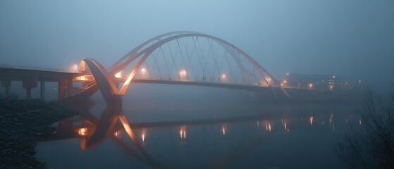 Foggy morning view of a modern arch bridge over a calm river.  The soft light reflects on the water.