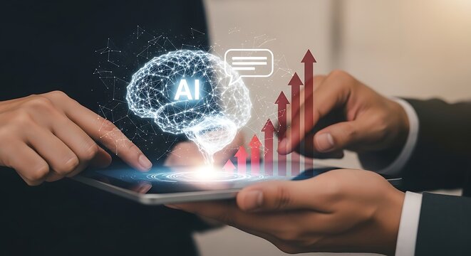 Hands holding tablet displaying ai brain with upward trending arrows and speech bubble icon