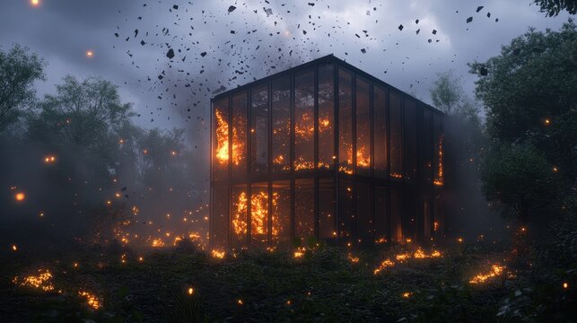 Dramatic scene of modern glass house shattering into glowing embers - Powered by Adobe