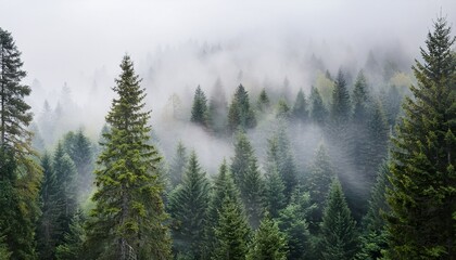 ethereal fog weaving through dense pine forest with soft natural tones