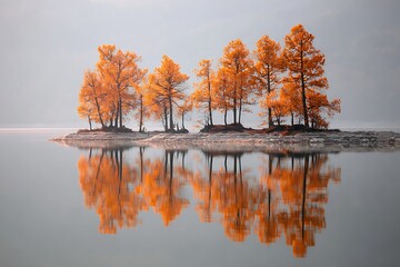 A serene autumn landscape featuring an island with vibrant orange trees reflected in the calm, still water of a misty lake.