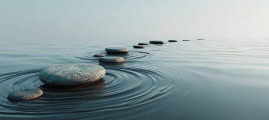 Stylized POV of Skipping Stones on Calm Lake with Expanding Ripples