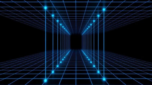 Blue Laser Grid Forming 3D Tunnel with Glowing Intersections in Digital Space