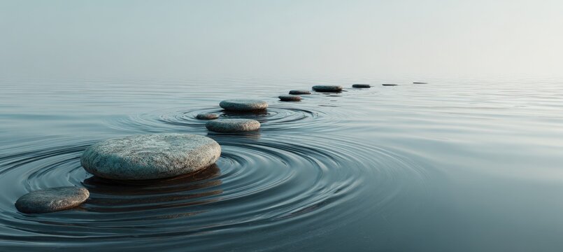Stylized POV of Skipping Stones on Calm Lake with Expanding Ripples