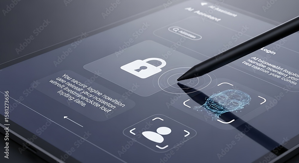 Poster a digital pen touching a tablet screen showing login options and security features interface design