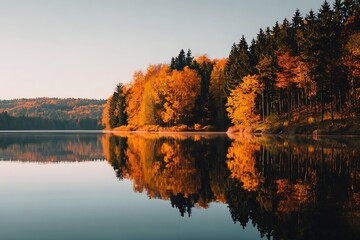 A serene autumn landscape featuring a tranquil lake reflecting the vibrant colors of the surrounding forest with orange and yellow foliage.