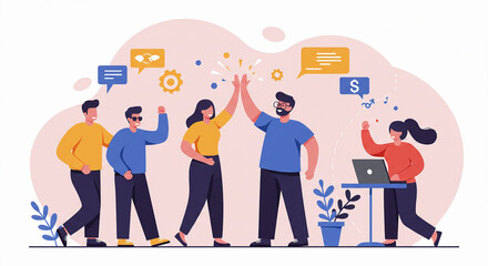 Fototapeta premium Celebratory Team High-Five: Diverse Colleagues Achieve Success Flat Design Illustration.