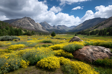 Vibrant Yellow Wildflowers Blooming in a Mountain Valley Meadow under a Partly Cloudy Blue Sky with Majestic Rocky Mountains in the Background