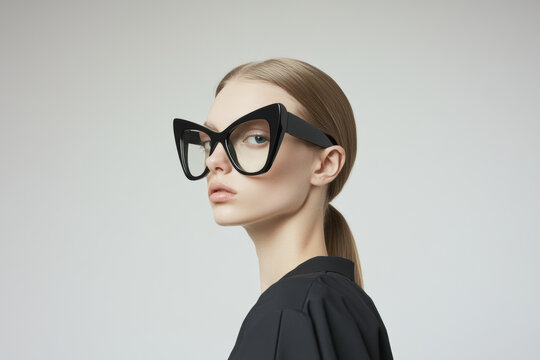 Fashionable female with designer glasses in contemporary minimalist style portrait, muted background