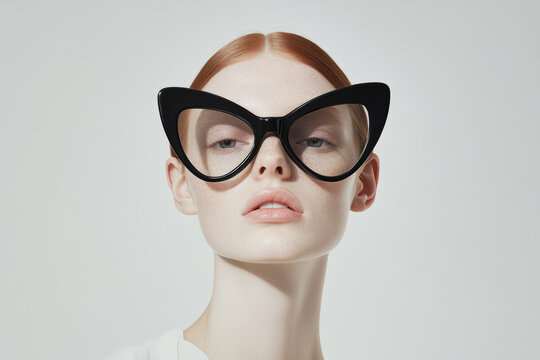 Stylish young woman wearing fashionable glasses, minimalist portrait with soft lighting and neutral tones